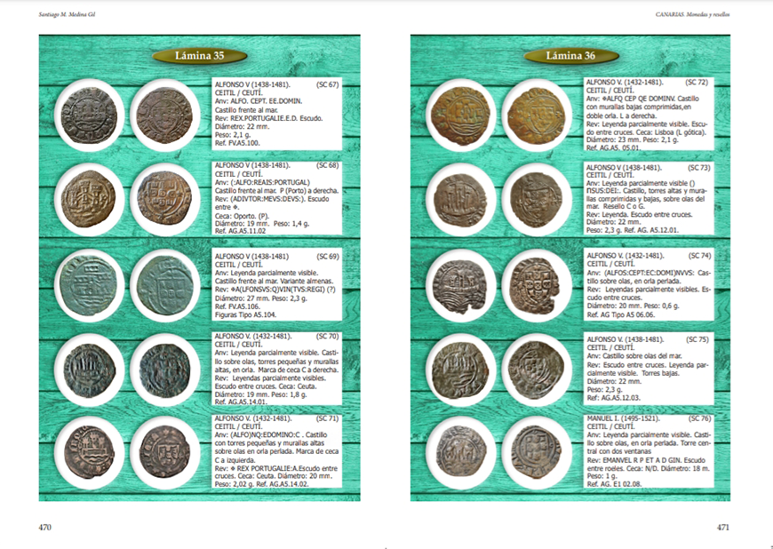 Ejemplo de página compuesta con detalle de las monedas que aparecen en el libro Canarias. Monedas y resellos