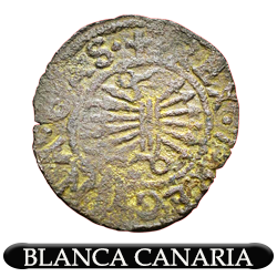 Blanca de Canarias, según diseño estipulado en la licencia de 1513, acuñada en la ceca de Sevilla