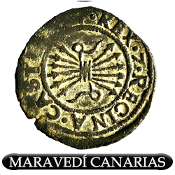 Maravedí de Canarias, según diseño estipulado en la licencia de 1513, labrada en la ceca de Sevilla. Tipo IIA