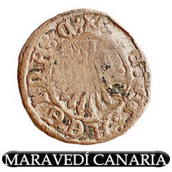 Maravedí de Canarias, según diseño estipulado en la licencia de 1513, labrada en la ceca de Sevilla
