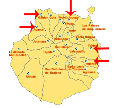 Municipios de Gran Canaria donde se han hallado ejemplares de maravedís de Canarias
