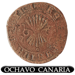 Ochavo -dos maravedís- de Canarias, con el diseño establecido en 1513, según licencia de 1579, acuñado en la ceca de Sevilla